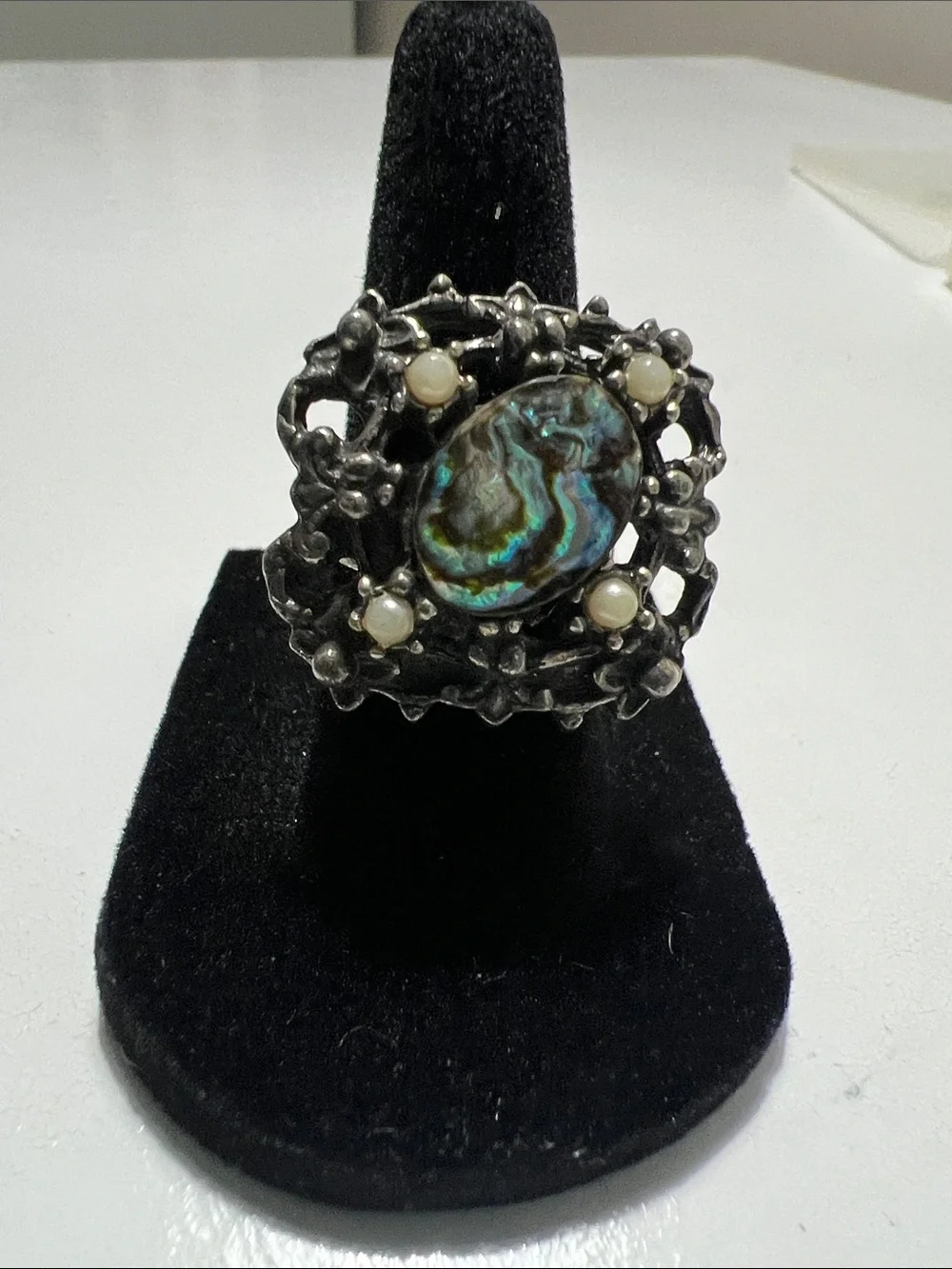 Oxidized Silver Abalone Statement  Ring - Iridescent Shell - Size 7 - Vintage